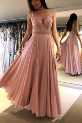A-Line V-Neck Prom Dress, Blush Chiffon Long Evening Dress with Beading